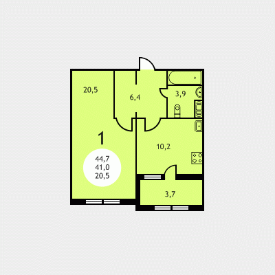 Однокомнатная квартира 44.7 м²
